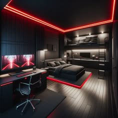 a bedroom with black furniture and red lights on the ceiling, along with a bed