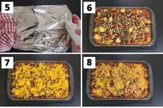 four pictures showing the steps to make an enchilada casserole dish