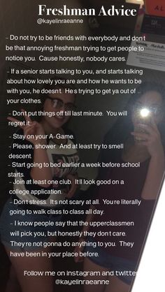 a woman taking a selfie in front of a mirror with the caption'freshman advice '