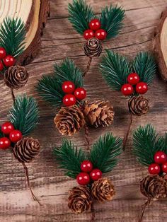 pine cones and berries are arranged on wood