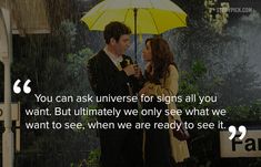 a man and woman standing under an umbrella in the rain with a quote about love