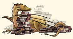 a yellow dragon sitting on top of a pile of books next to a stack of books