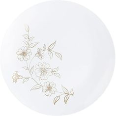 a white plate with gold flowers on it