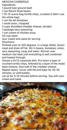 the recipe for mexican casserole is shown in two different languages, including one with meat and cheese