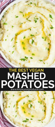 the best vegan mashed potatoes in a white bowl with parsley on top