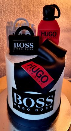 the cake is decorated with two different types of boss's products on top of it