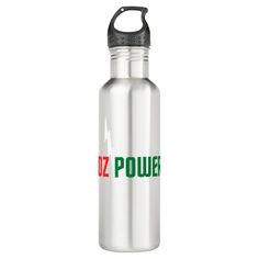 a stainless steel water bottle with the word power printed on it's front and side