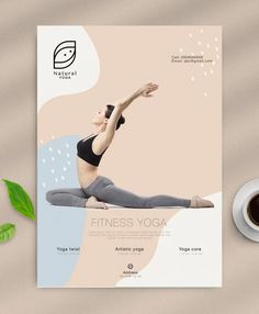 a woman doing yoga in front of a cup of coffee on a table next to a plant