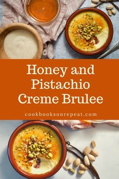 honey and pistachio creme brulee soup with almonds in bowls