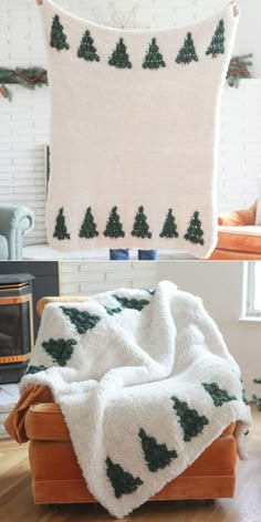 a blanket that has been made to look like christmas trees on the back of a couch