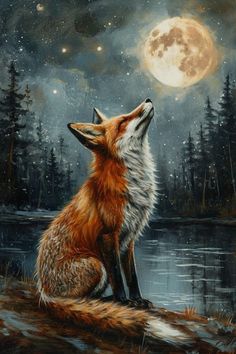 a painting of a fox looking up at the moon