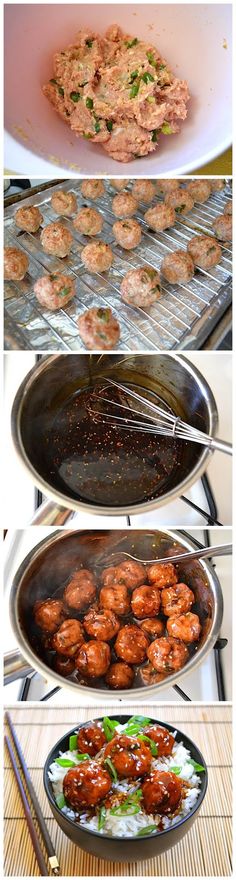 there are many different foods being cooked in pans on the stove top and bottom