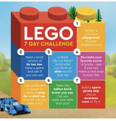 the lego 7 day challenge is shown with instructions for how to build it and what to do