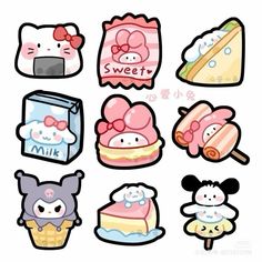 Cute Animals Design, Cute Stickers Ideas Sanrio, Cute Sanrio Stickers, Sanrio Printables, Cute Sticker Designs, Kawaii Pictures, Hello Kitty Stickers, Food Creatives