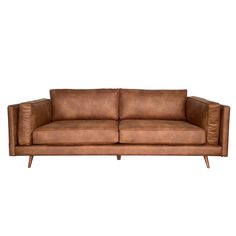 a brown leather couch on a white background