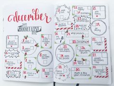 Organize your entire month with these bullet journal spreads for DecemberUse these layouts to budgetplanand simplify all of your holiday activities. December Dot Journal, Christmas Bujo Spread, Christmas Countdown Bullet Journal, Christmas Bujo Ideas, December Monthly Spread, Christmas Bullet Journal, Holiday Bucket List