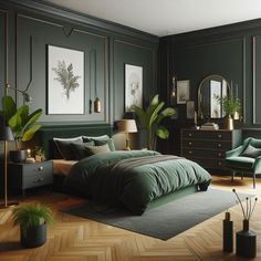 a bedroom decorated in green and gold with two lamps on either side of the bed