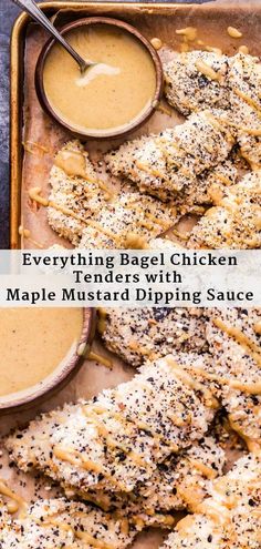 an image of grilled chicken with maple mustard dipping sauce on it and the words everything bagel chicken is made from scratch