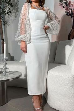 Evening Dresses With Sleeves, Dress Sleeve Styles, فستان سهرة, Luxury Wedding Dress, White Dresses For Women, Vestidos Vintage, Evening Dresses Elegant, Midi Dress With Sleeves