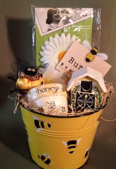 a yellow bucket filled with lots of assorted items