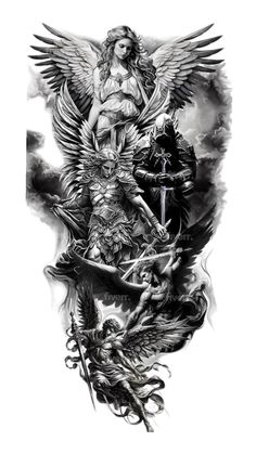 an angel and demon tattoo design on a white background