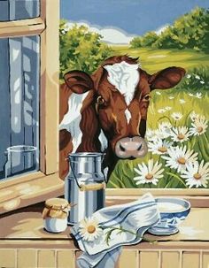 a painting of a cow looking out the window