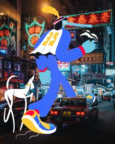 an image of a man walking down the street with a dog in his hand and neon signs above him