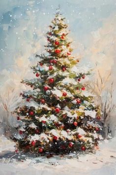 a painting of a christmas tree in the snow