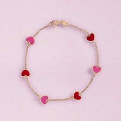 Multi Gemstone Heart Bracelet - Eleonora Beracasa Gold Hearts, Bracelet Dainty, Dainty Chain, Chain Bracelets, Heart Gemstone, Pink Enamel, Classic Elegant, Dream Jewelry, Heart Bracelet