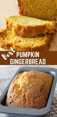 pumpkin gingerbread bread in a loaf pan on a cooling rack with text overlay