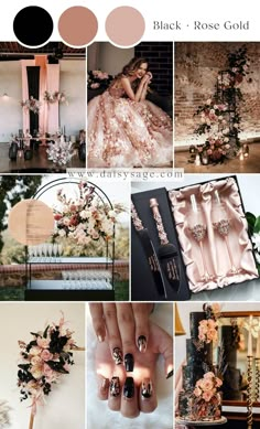 a collage of photos with flowers and black, rose gold, and pink accents