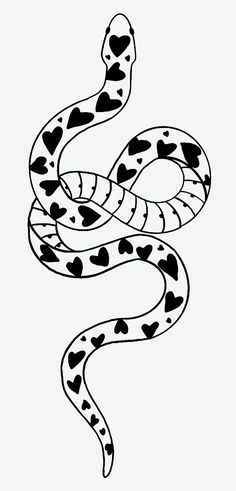 a black and white drawing of a snake with hearts on it's tail, in the shape of a heart