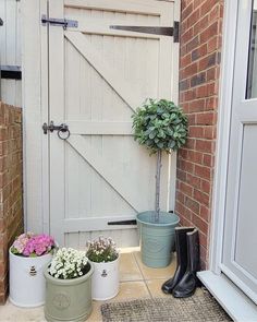 three flower pots sitting on the ground in front of a door with a potted plant next to it