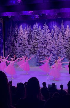 a group of people standing on top of a stage in front of snow covered trees