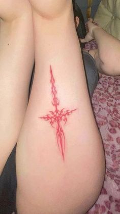 Tattoos For Thighs For Women, Cosmic Tattoos For Women, Red Tattoo Cover Up, Red Cybersigilism Tattoo, Heart Tattoo Sternum, Upper Rib Tattoo, Spinal Tattoo Ideas, Tattoo Ideas Breast, Cyberligism Tattoo