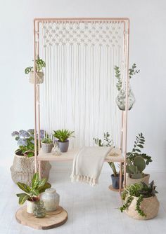 a room with potted plants and a macrame wall hanging