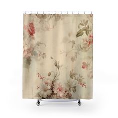 a shower curtain with flowers and leaves on the outside, in front of a white background