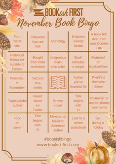 the book first november book bingo is shown with autumn leaves and acorns on it