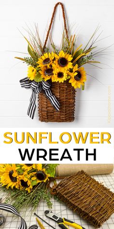 basket with sunflowers and bow Decorating Baskets, Sunflower Wreath Diy, Easy Fall Wreaths, Sunflower Crafts, Easy Diy Wreaths