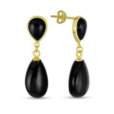 Dress up your look in sophisticated style with these pear-shaped black onyx double teardrop earrings in gold-plated silver. Fashioned in sterling silver with 14K gold plate Each drop showcases a 14.0 x 8.0mm pear-shaped rich black onyx dangle suspended from an inverted bezel-set pear-shaped onyx post. These earrings secure comfortably with friction backs. Elegant Onyx Drop Jewelry, Black Drop Pearl Drop Jewelry, Elegant Polished Teardrop Drop Earrings, Black Pearl Drop Jewelry, Elegant Teardrop Onyx Jewelry, Elegant Pear-shaped Drop With Polished Finish, Black Pearl Drop Teardrop Earrings, Black Teardrop Pearl Drop Earrings, Black Teardrop Earrings With Pearl Drop