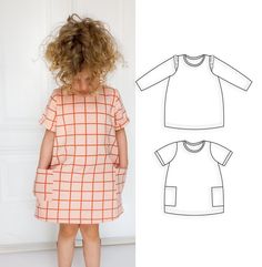 The Tulip dress is a sewing pattern and tutorial of a girl's t-shirt style dress with a tulip shape. The pattern comes in sizes from 3 months (62) to 10 years (140).  The pattern is for knit fabrics. The dress fits above the knees. To make this pattern more versatile, we have included a few sleeve options.  Long sleeve, half sleeve, short sleeve - to each of them you can add a flutter.  If you are looking for the everyday casual style add the optional pockets. A step by step tutorial with a lot Toddler Summer Dresses, Shirt Dress Pattern, Girls Dress Sewing Patterns, Dress With Ruffle Sleeves, Girl Dress Pattern, Tulip Dress, Comfy Dresses, Pattern Baby, Shirt Dress Style