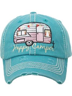 the happy camper hat is turquoise and has an rv on it