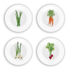 four plates with different vegetables on them in the shape of carrots, radishes and celery