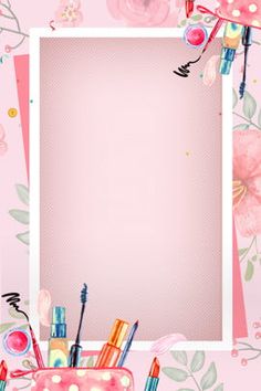 the frame is surrounded by cosmetics and makeup products on pink background with floral design elements