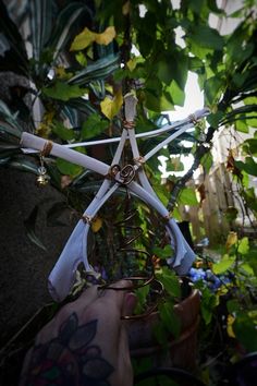 a person holding up an upside down star in front of some plants and trees with lots of leaves around it