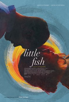 the movie poster for little fish with two people facing each other in front of an orange and blue background