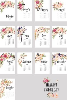 a calendar with flowers on it for the month of november and december, in different colors