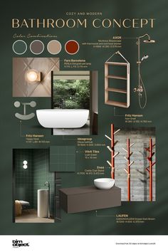 a bathroom with green walls and flooring is shown in this graphic style, including the bath