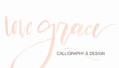 the logo for we grace calligraphy and design, with pink ink on white paper