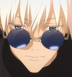 an anime character with large blue eyes and blonde hair, wearing black eyeglasses